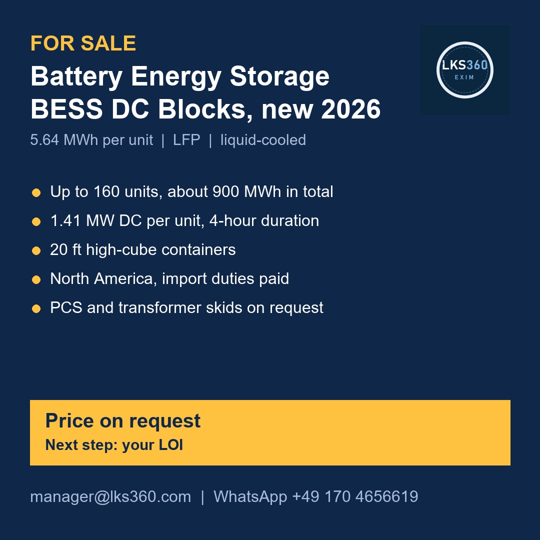 FOR SALE: Battery Energy Storage, BESS DC Blocks, 5.64 MWh, new 2026, North America