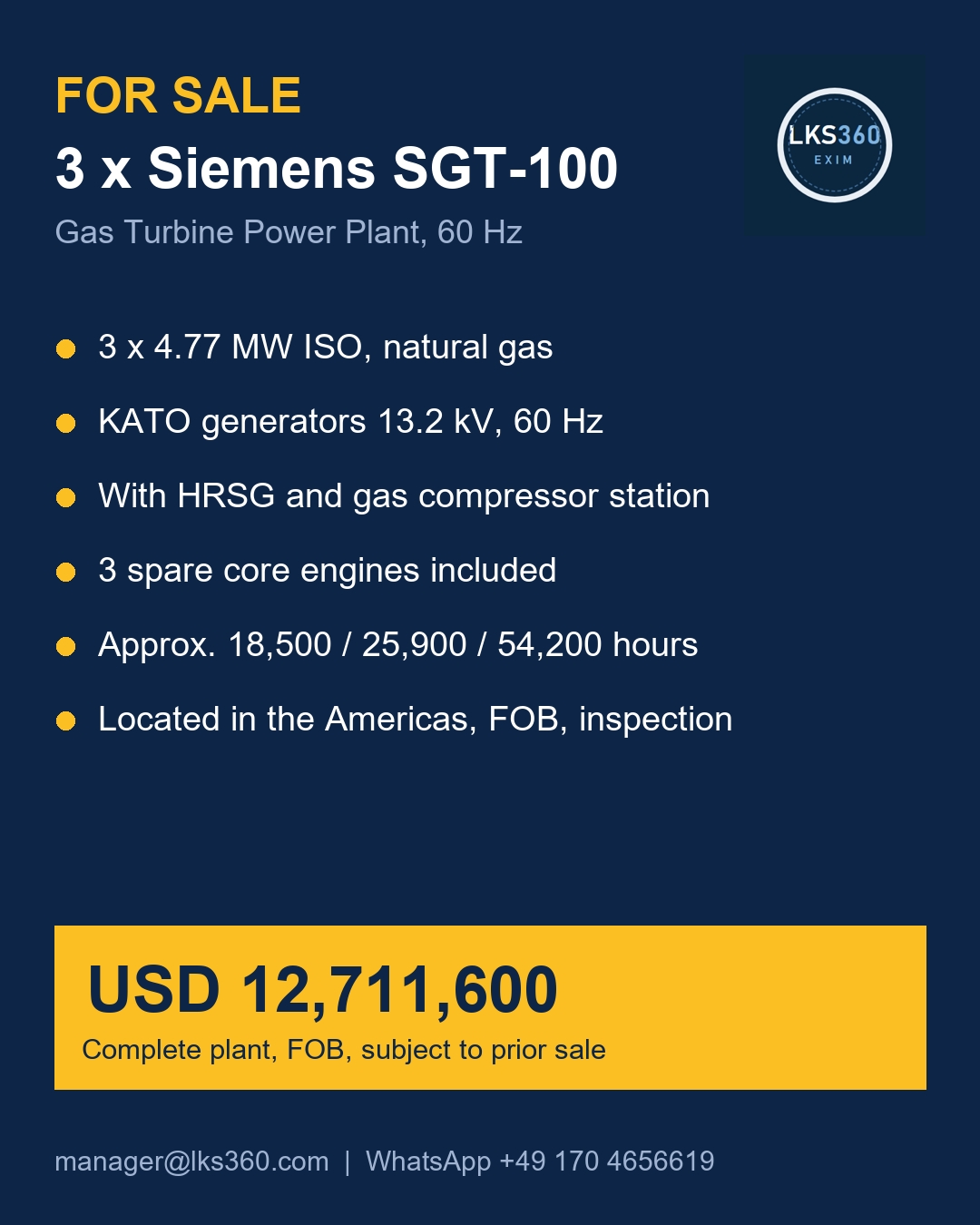 FOR SALE: 3 x Siemens SGT-100 Gas Turbine Power Plant, 60 Hz, with HRSG