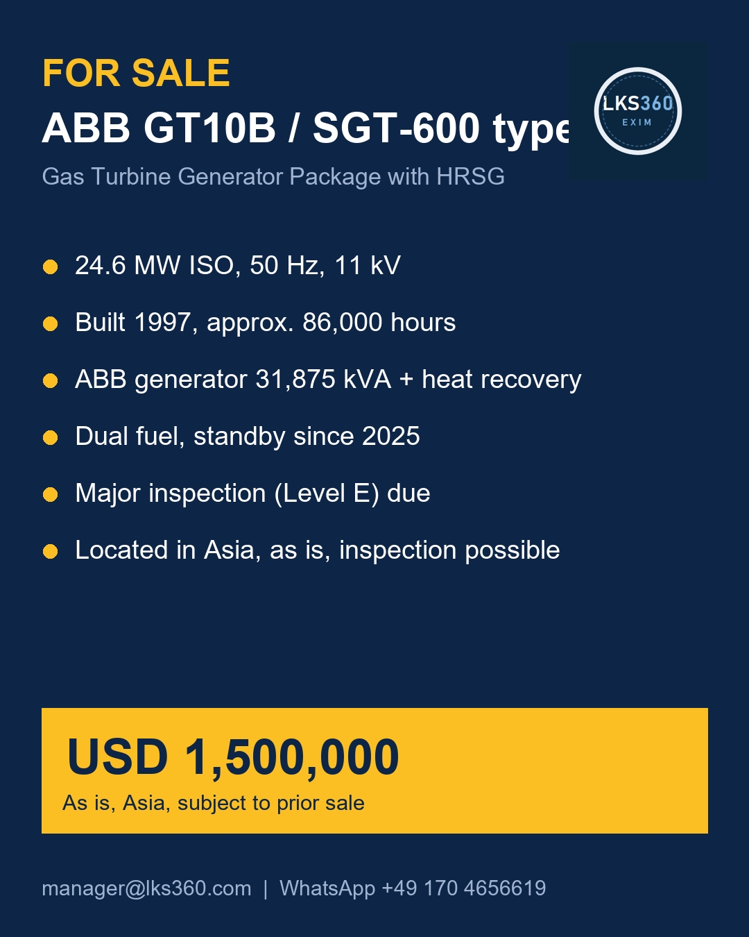 FOR SALE: ABB GT10B (Siemens SGT-600 Type) Gas Turbine Generator Package with HRSG, 24.6 MW, 50 Hz