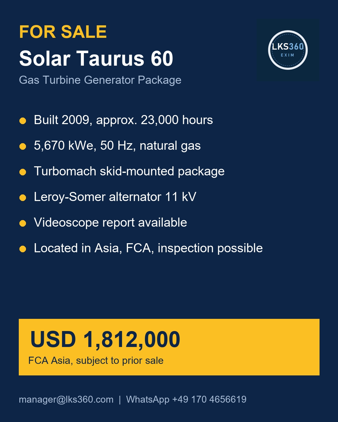 FOR SALE: Solar Taurus 60 Gas Turbine Generator Package, 5.67 MW, 50 Hz, 2009