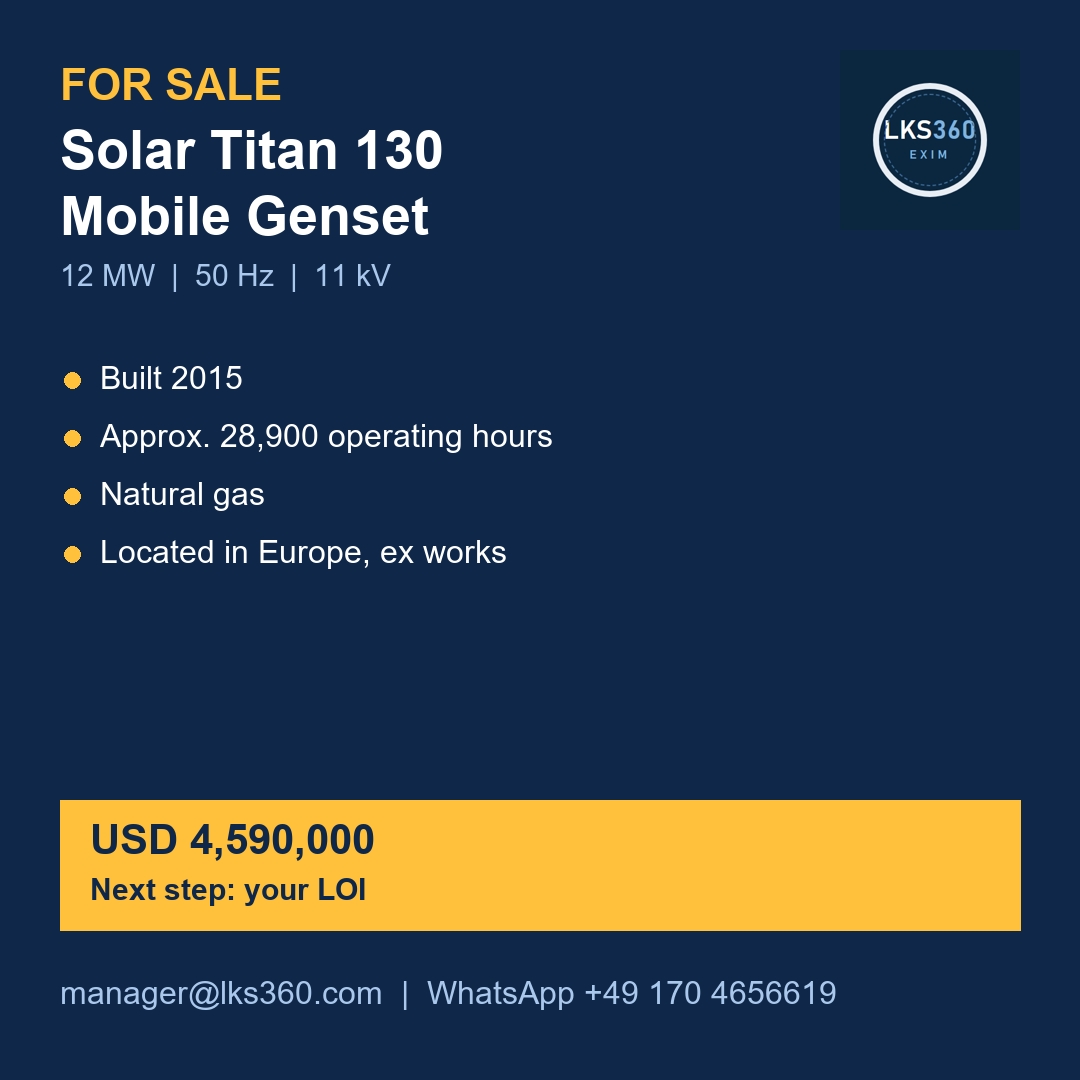 FOR SALE: Solar Titan 130 mobile gas turbine generator set, 2015, 12 MW, 50 Hz