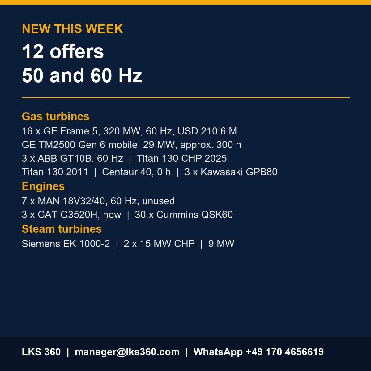 New this week: 12 offers, gas turbines, gas engines and steam turbines, 50 and 60 Hz