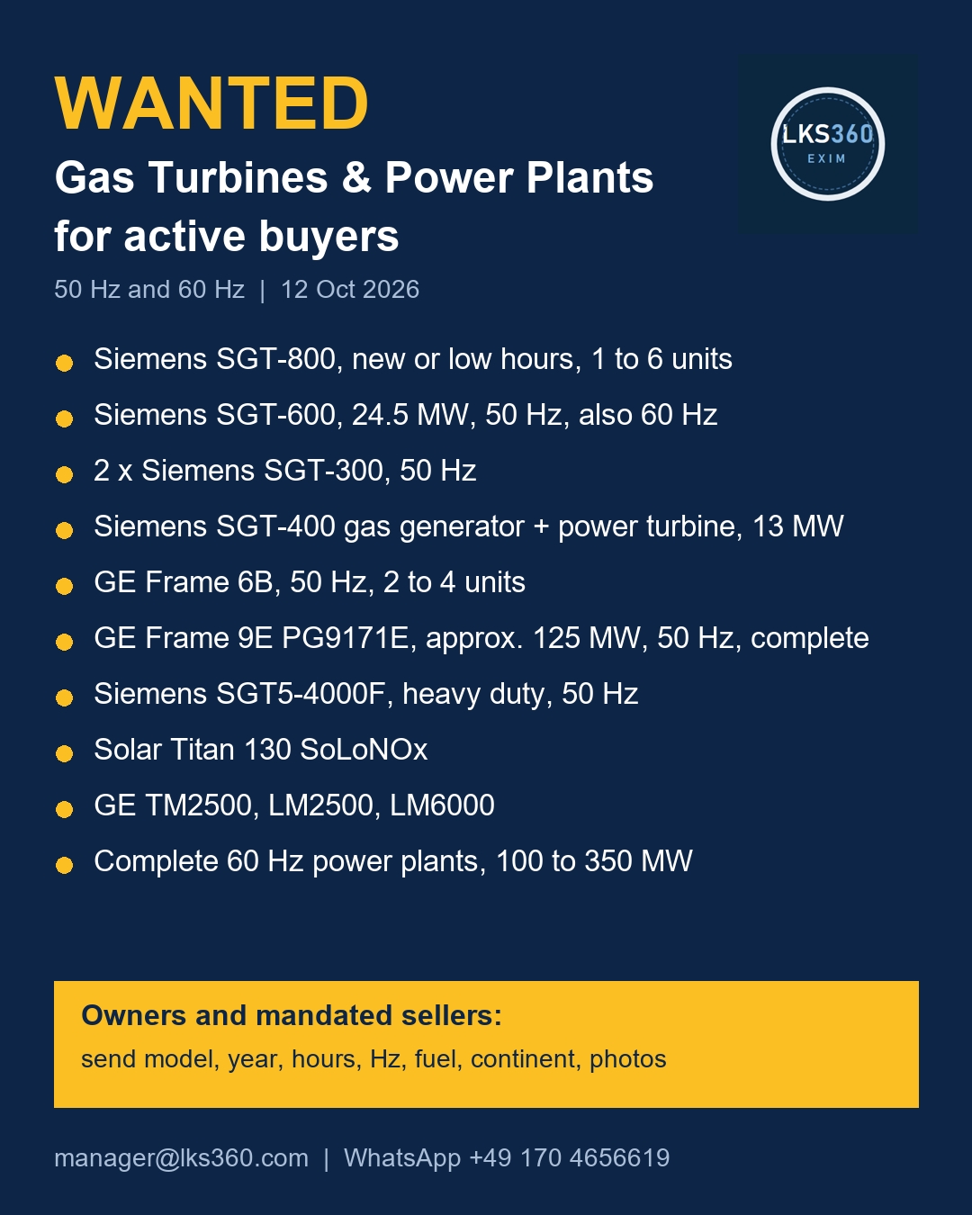 WANTED: Gas Turbines and Power Plants for Active Buyers, Update 12 October 2026
