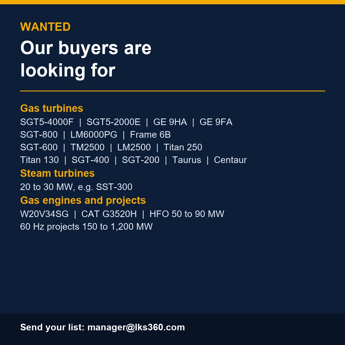 Wanted: gas turbines, steam turbines and gas engines our buyers are looking for